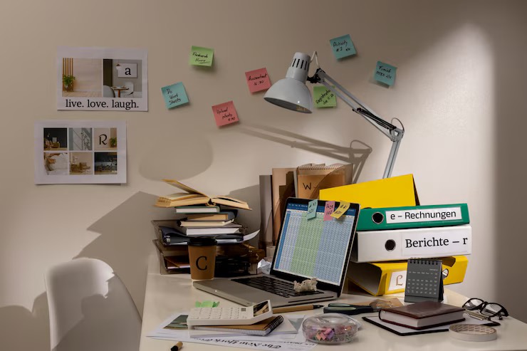 Blick auf einen chaotischen Schreibtisch (Crawler als Buchstaben im Bild versteckt) – Hawvivaseo Level 18